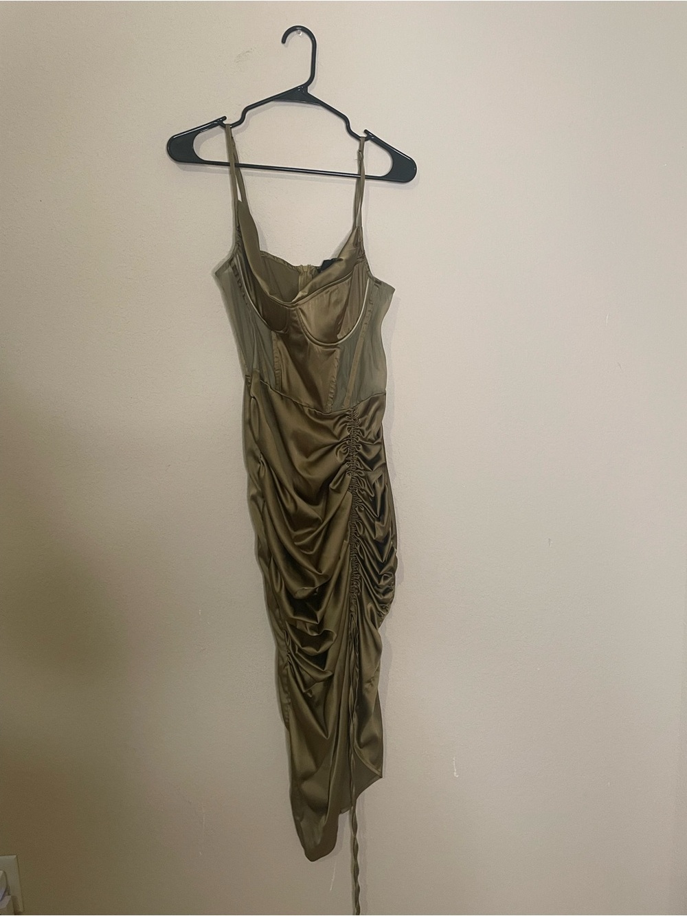 PrettyLittleThing Olive Satin Ruched Midi Slip Dress